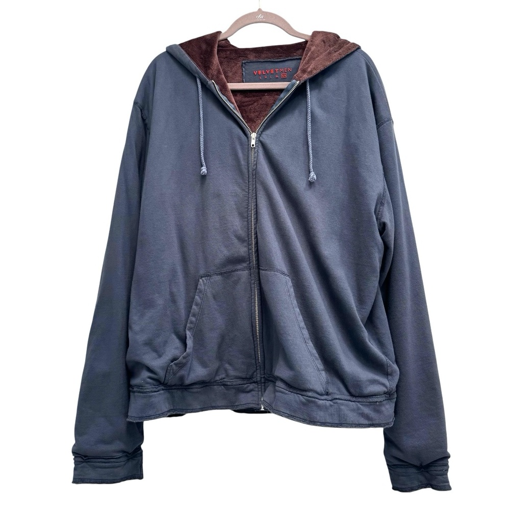 VELVET MEN BLUE W/BROWN VELOUR LINING FULL ZIP HOODIE SWEATSHIRT